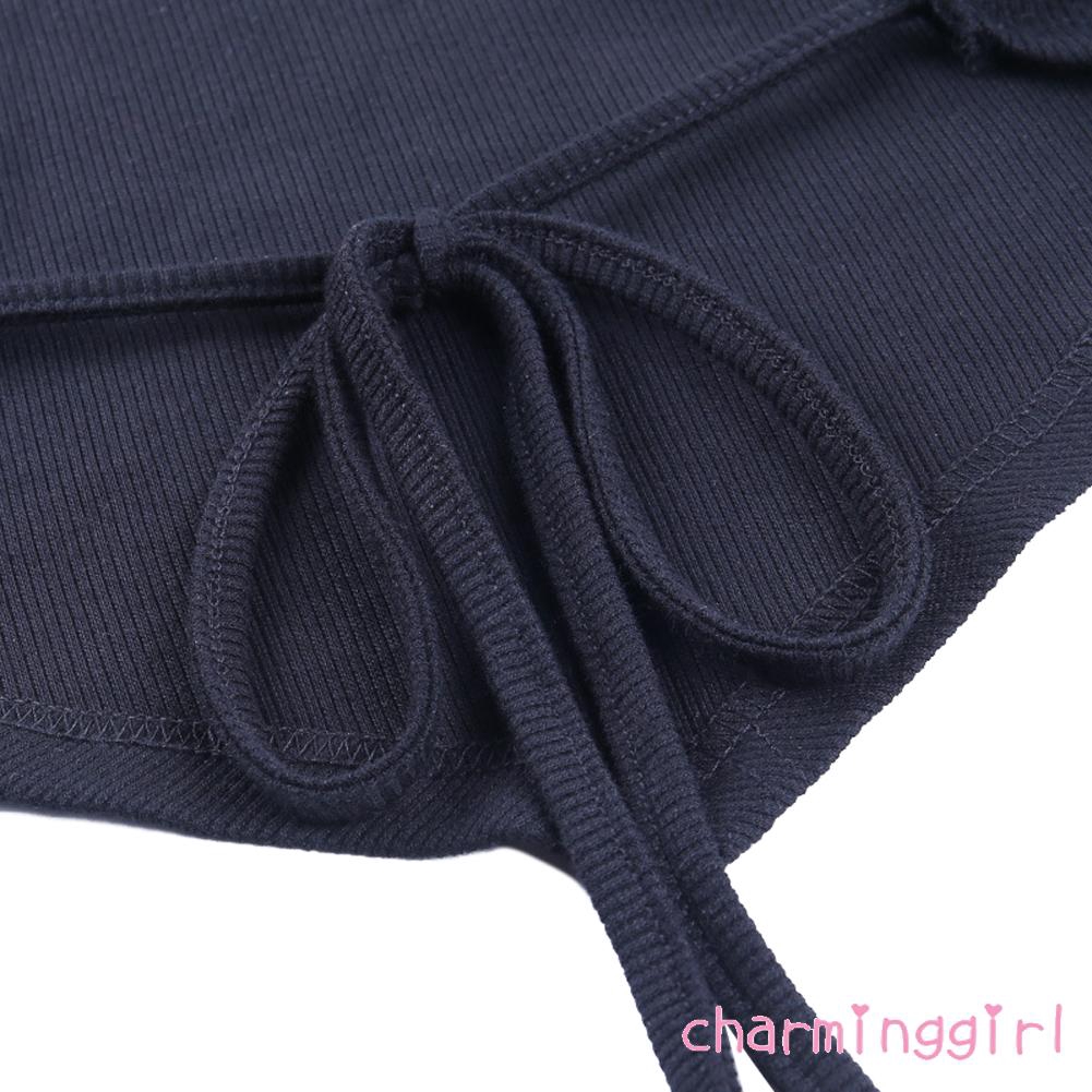 Áo Thun Tay Dài Cổ Tròn Thiết Kế Dây Đan Chéo Màu Trơn Cho Phái Nữ