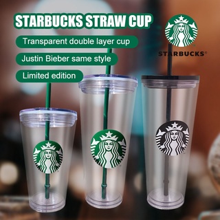 INS Phiên bản giới hạn Cốc Starbucks Tumbler Cổ điển Cốc nhựa hai lớp có thể tái sử dụng trong suốt Tách lạnh trong suốt bằng rơm trong suốt 470 / 710ml