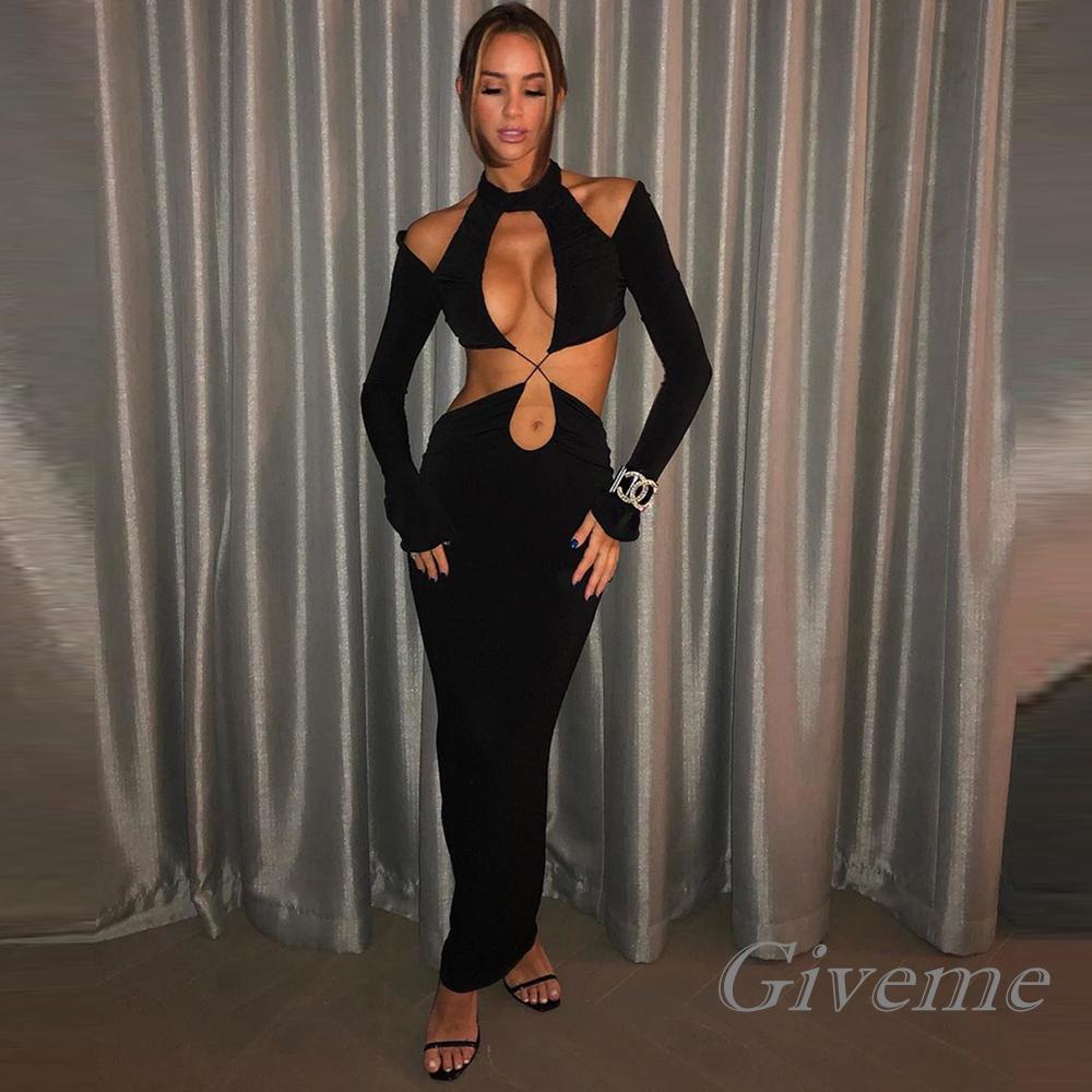 GIVEME-Women Long Sleeve Halter Neck Solid Color Hollow Pleated Slim Fit Black Cut Out Dress