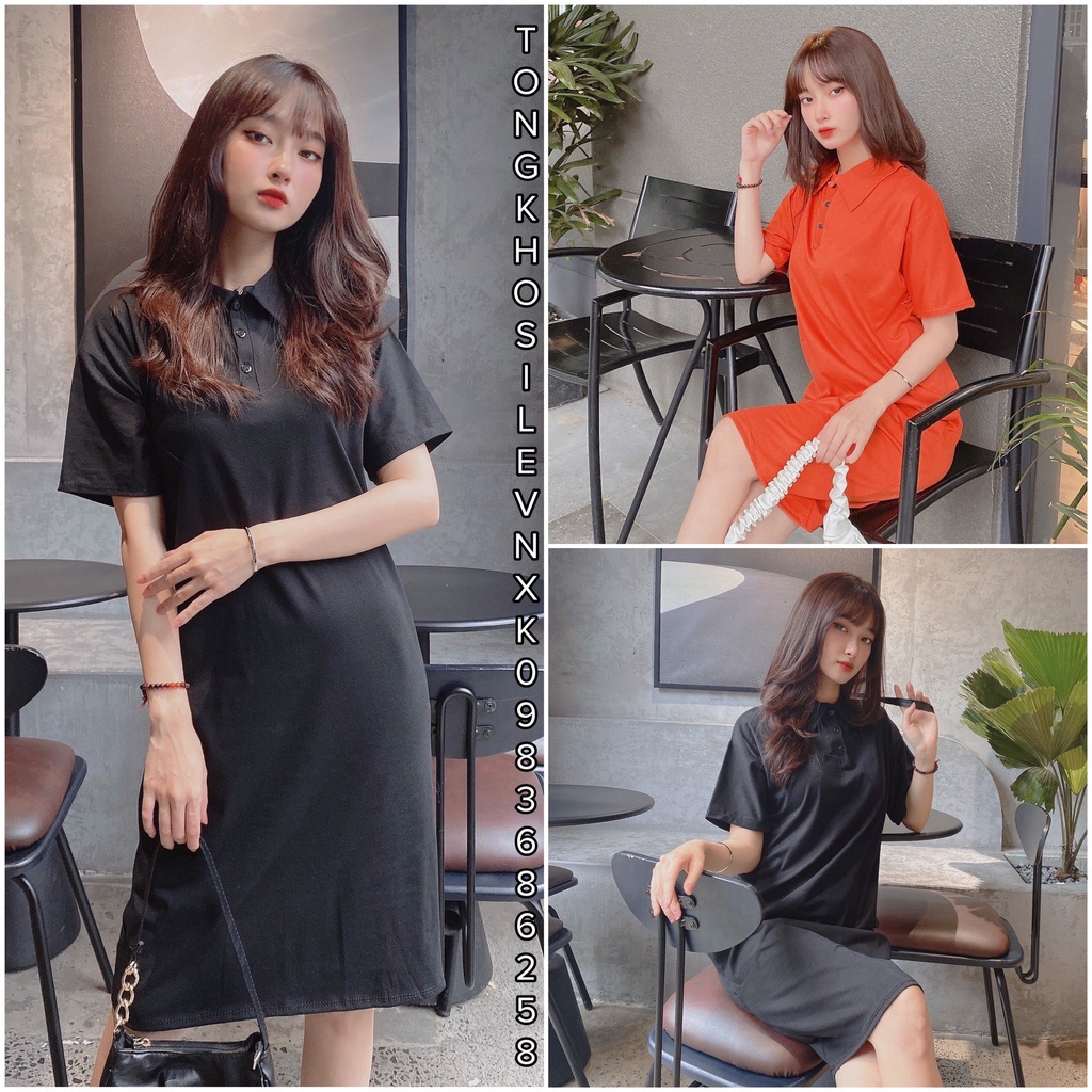 Đầm Maxi Cài Cúc Cổ Bẻ Tay Cộc Cam Đen - Váy Nữ Polo Dáng Dài