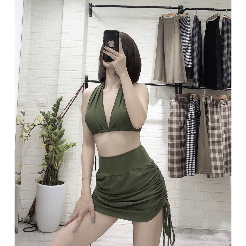 Bikini bộ bơi 2 mảnh đẹp quần váy dây rút kín đáo, áo mặc được 2 kiểu dùng đi bơi đi biển EVA 2MVDR