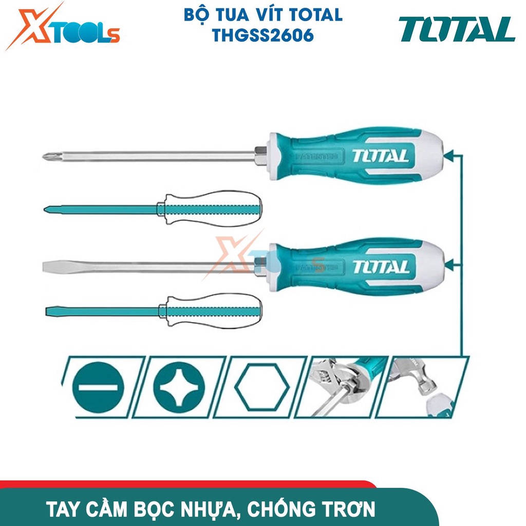 Bộ 6 tua vít đóng xuyên TOTAL THGSS2606 thép công nghiệp S2 cứng chắc, đầu bake và dẹp 100-200 - CHÍNH HÃNG - XTOOLS