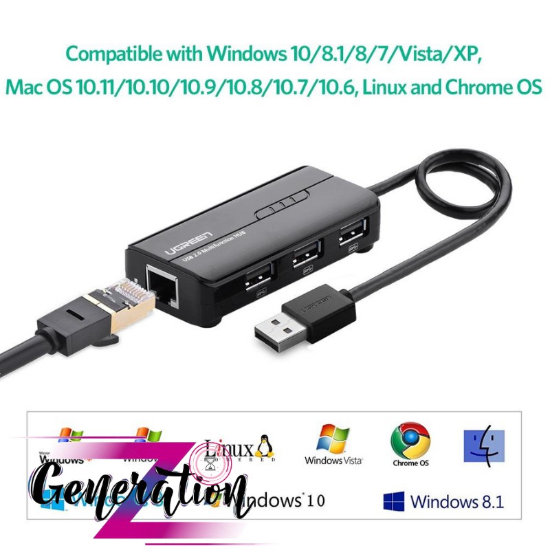 Bộ chia USB 2.0 Ethernet RJ45 10/100 kèm 3 cổng USB 2.0 Ugreen 20264 - USB 2.0 Hub RJ45 E
