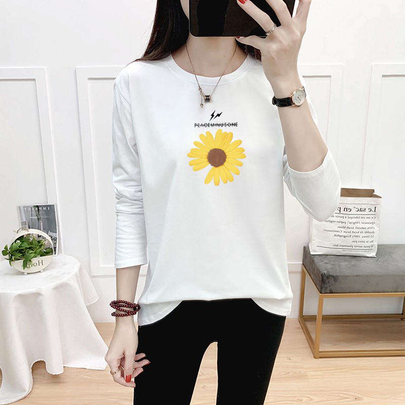 Pure Cotton White Long Sleeve T-Shirt Female Bottoming Shirt Tops, Autumn, Spring, Body Shirt, Simple Korean Version Of