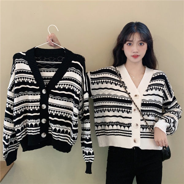 Áo Khoác Cardigan Cổ Chữ V Form Rộng Họa Tiết Kẻ Sọc Thời Trang Mùa Thu Phong Cách Hàn Quốc Mới Cho Nữ