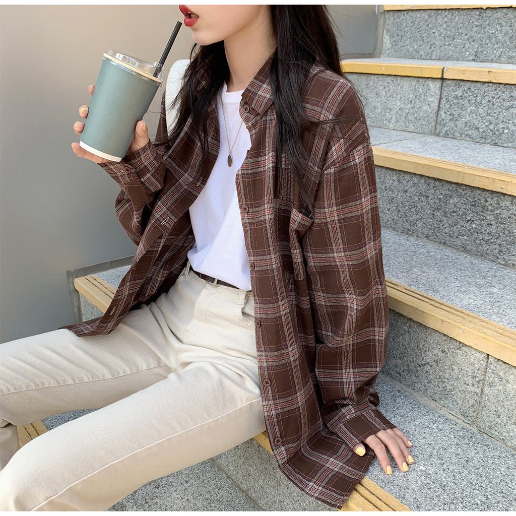 Áo sơ mi họa tiết sọc caro kiểu cổ bé dễ thương cho nữ