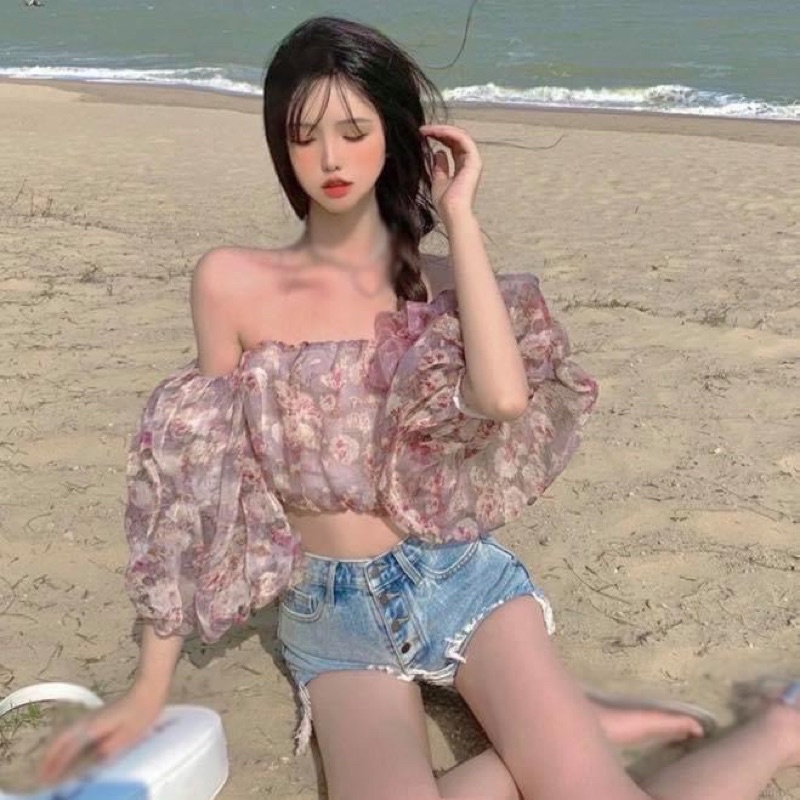 Áo kiểu croptop trễ vai tay dài phồng cúp ngực hoa nhí tiểu thư voan - Order taobao quảng châu