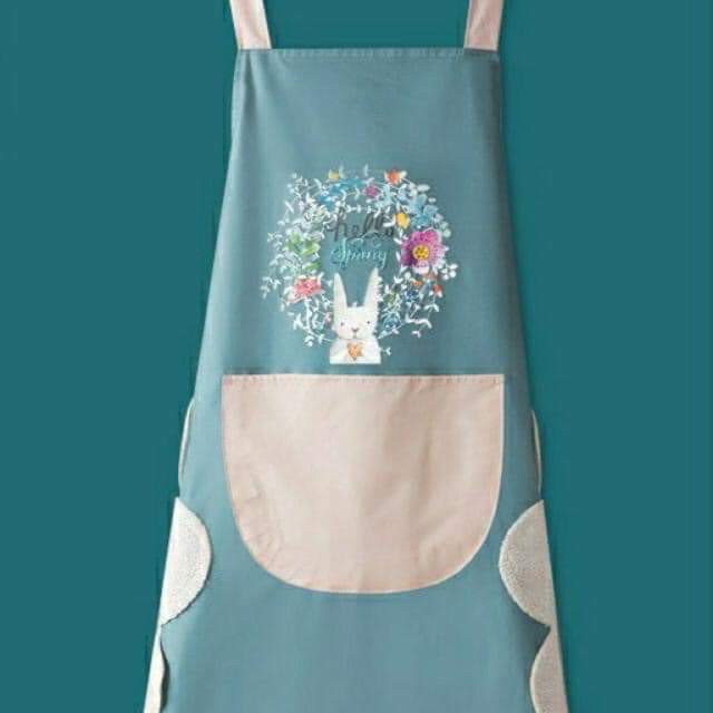 Tạp dề hoa thỏ chống thấm nước, có túi lớn phối hợp vải lau tay style Hàn quốc