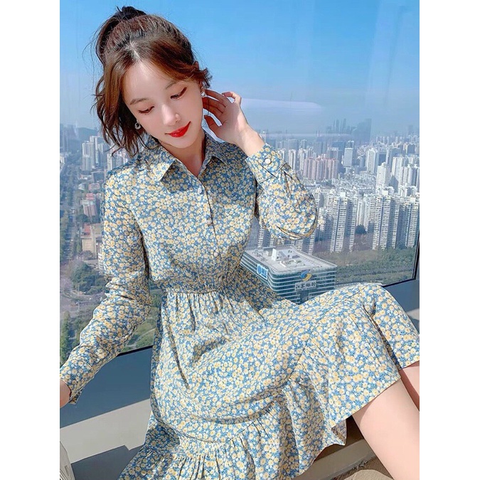 Đầm Von Lụa Mịn Cổ Bẻ Có Nút Gài Dài Tay Phối In Hoa Tiểu Thư TTSA1527