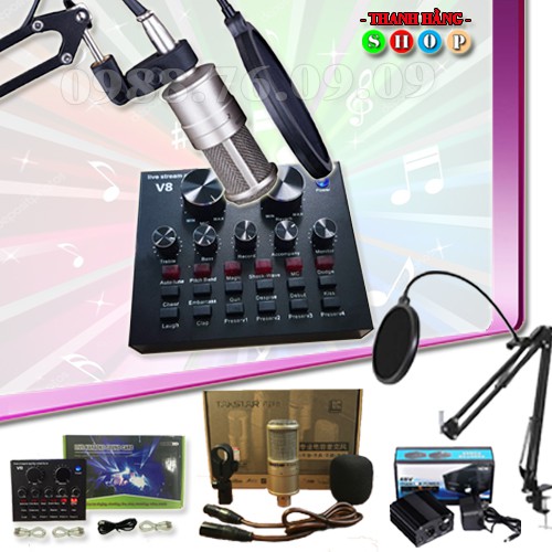 Trọn Bộ Combo Mic thu âm PC-K200 + Soundcard V8 - Míc Live stream