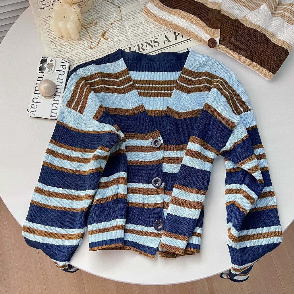 Áo Cardigan Dệt Kim Dáng Ngắn Màu Sắc Tương Phản Phong Cách Hàn Quốc Cho Nữ