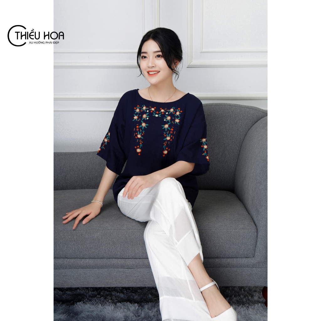 Áo tay lỡ Linen Thiều Hoa họa tiết thêu tay tỉ mỉ sang trọng, mặc vô cùng thoáng mát H0212