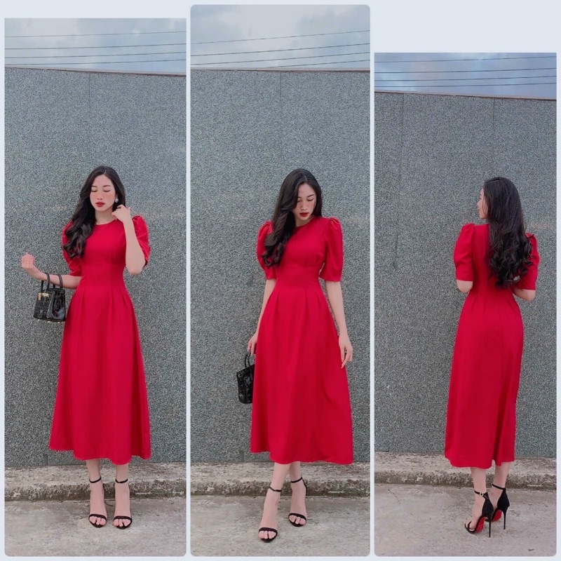 Đầm maxi cổ tròn chít eo 2 dáng váy