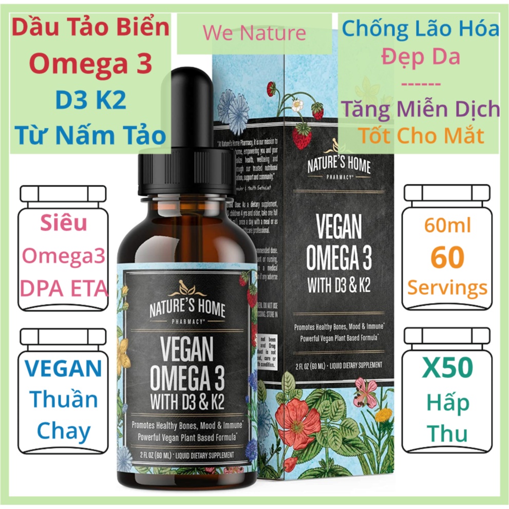 Dầu Tảo Biển Omega 3 + Vitamin D3 K2 - 60 ml - Chống Lão Hóa - Tốt Cho Mắt - Dầu Cá - Vegan Omega 3 - Algae Oil