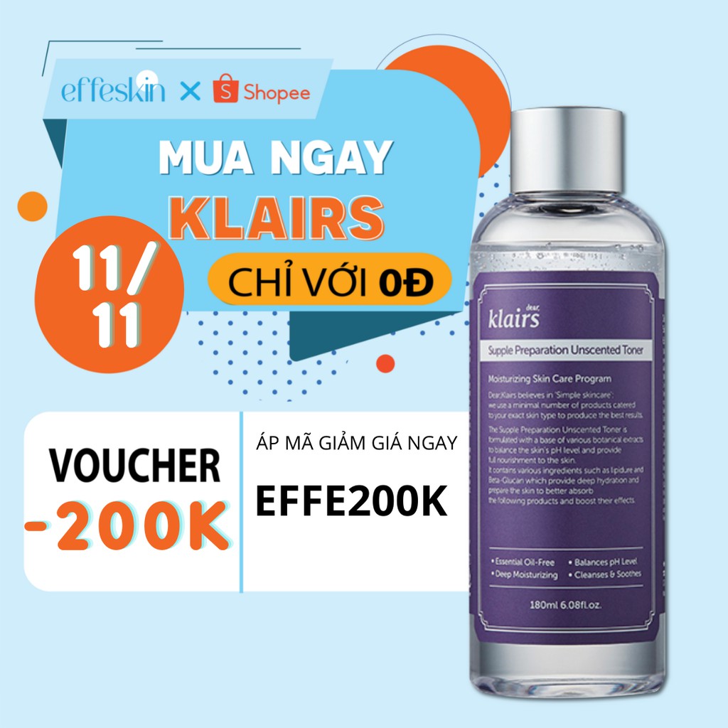 Toner Chống Viêm Dưỡng Ẩm Dears Klairs Supple Preparation Nước hoa hồng 180ml EffeSkin