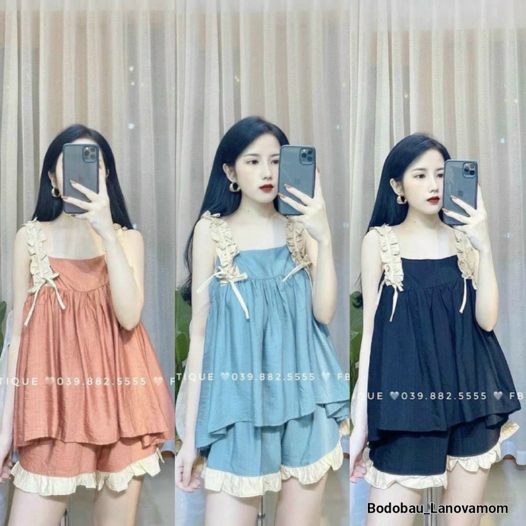 Bộ đồ bầu đùi chất đũi mềm mát vai phối ren đẹp điệu đà dễ thương BĐ869