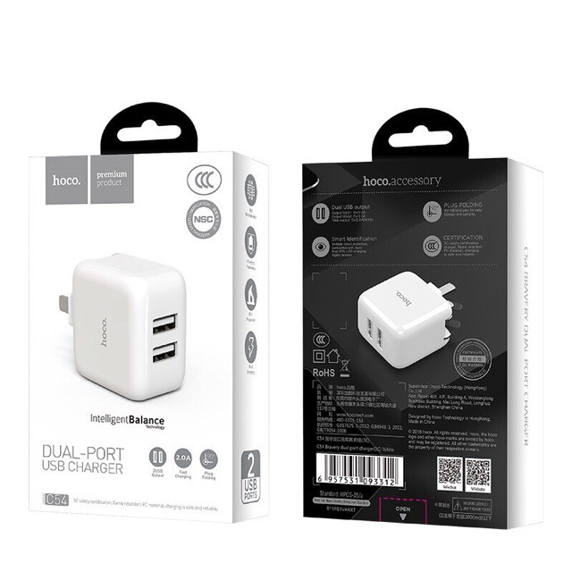 Củ Sạc Nhanh ⚡️𝐅𝐑𝐄𝐄 𝐒𝐇𝐈𝐏⚡️ Fast Charging - 2 Cổng USB 2A Hoco C54 -BH 12 Tháng