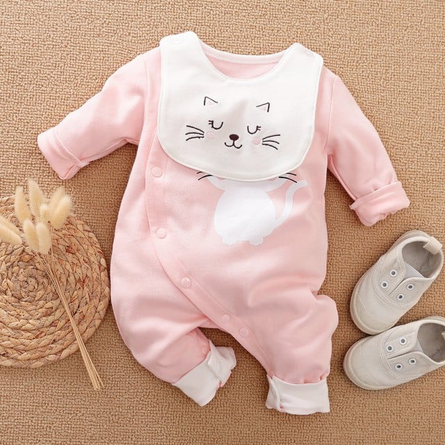 Bộ Body quần áo trẻ em Mèo Hồng dài tay kèm Yếm cho Bé Trai Bé Gái từ 3-13kg BTE3