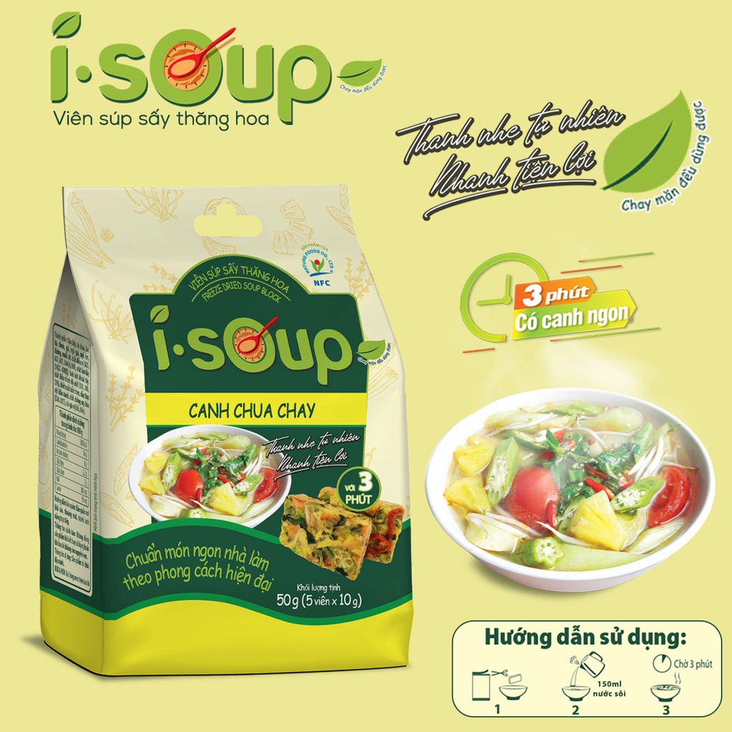 Viên Súp Sấy Thăng Hoa Canh Chua Chay I-Soup 50g túi 05 viên- HSD tháng