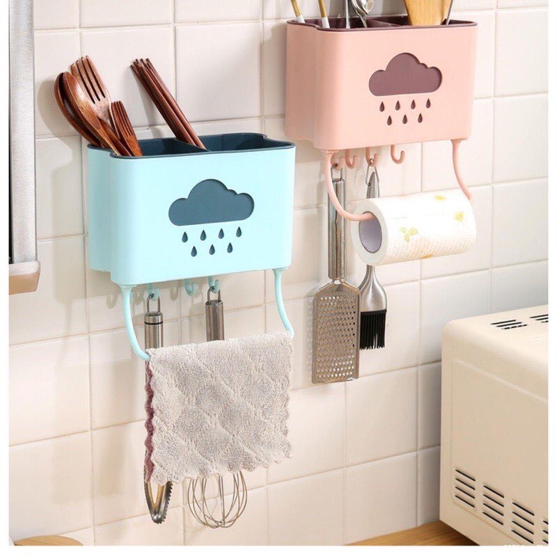 Ống đựng đũa dán tường hình đám mây tiện dụng, Hũ đựng đũa nhà bếp không cần khoan tường