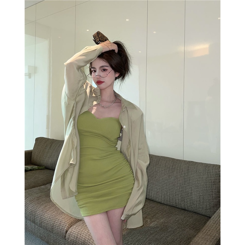 Set Đầm Hai Dây Màu Xanh Lá Phong Cách Hồng Kông Thời Trang Mùa Hè Cao Cấp Dành Cho Bạn Nữ