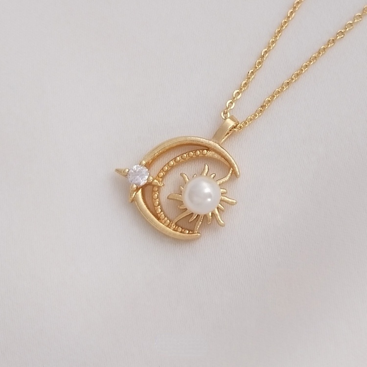 Vòng cổ Đồng 14K Mặt Hình Trăng Sao Mặt Trời Đính Ngọc Trai Làm Đồ Thủ Công DIY