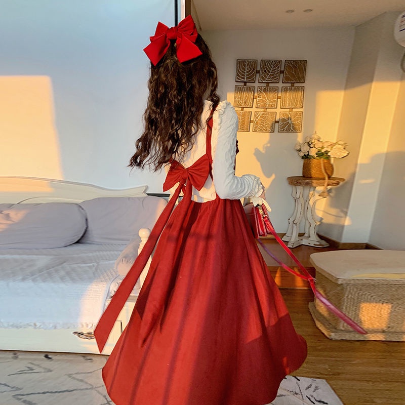 Đầm Hai Dây Thắt Nơ + Áo Sơ Mi Ren Phong Cách Năm Mới Cho Nữ
