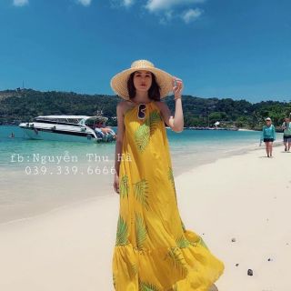 Đầm maxi vàng nơ lưng, đầm maxi vàng đi biển sống ảo
