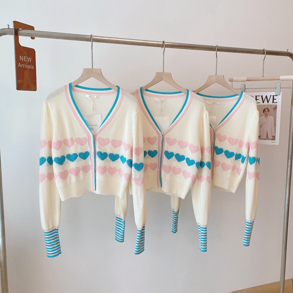 Áo Khoác Cardigan Dệt Kim Tay Dài In Hình Trái Tim Phong Cách Hàn Quốc Thời Trang
