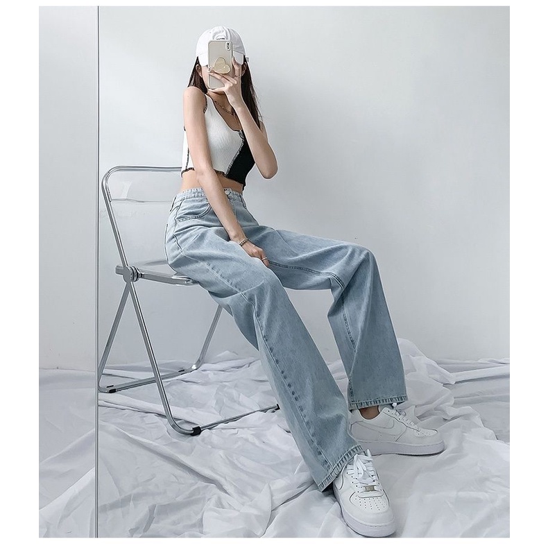 DUNEA Quần jean ống rộng lưng cao màu sáng thời trang cho nữ