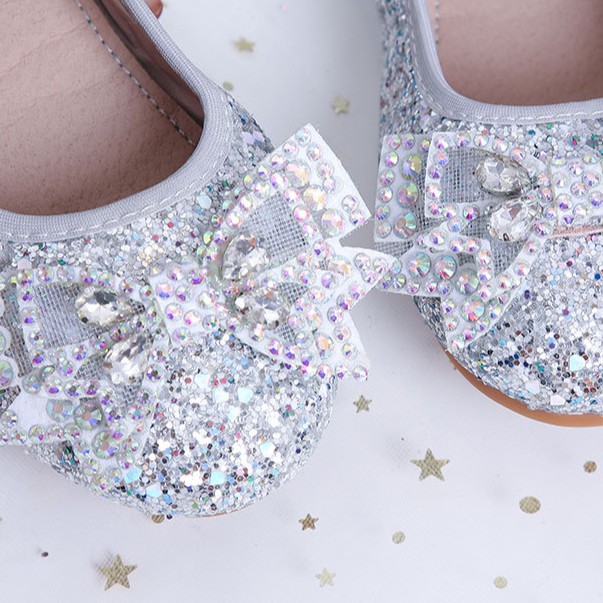 Giày dự tiệc khảm kim cương nhân tạo đính nơ phong cách công chúa Elsa Frozen