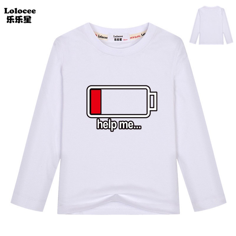 Funny HELP ME Energy Low T Shirts Boys Battery Low Long Sleeve O-neck Tops Basic Tees For Children