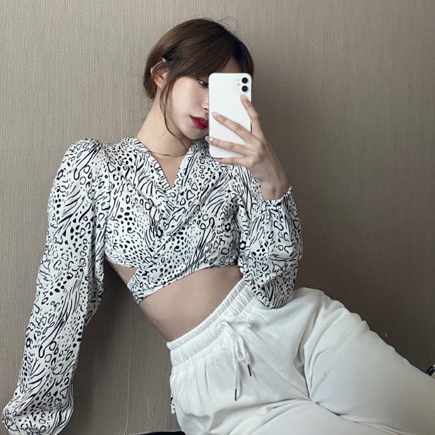 COZOK Áo Sơ Mi Tay Dài Cổ Chữ V Hở Lưng Họa Tiết Da Báo Quyến Rũ Hợp Thời Trang
