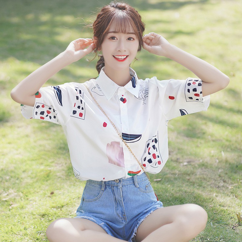 Women's White Polo Collar Printed Chiffon Blouse Loose Korean Fashion Summer Short Sleeve Shirt Tops | BigBuy360 - bigbuy360.vn