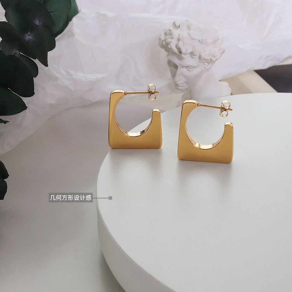Bông tai hình vuông bằng thép titan mạ vàng 18K phong cách Pháp thời trang