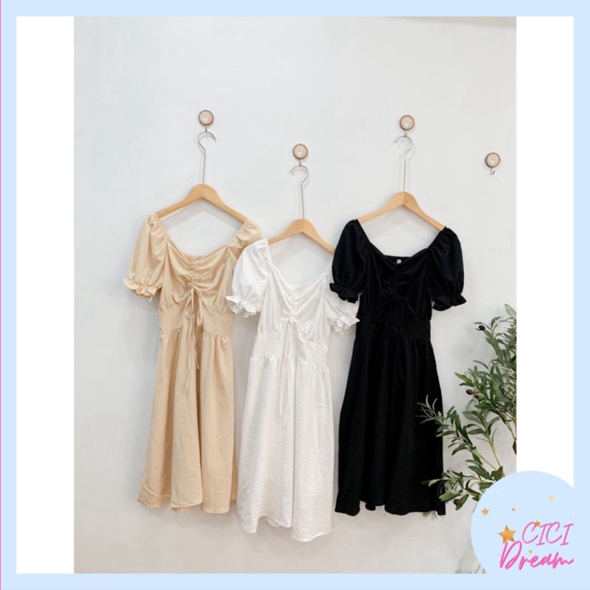 váy nữ babydoll rút dây ngực, đầm dáng xoè nhún ngực cộc tay bồng phối bèo siêu hot mới