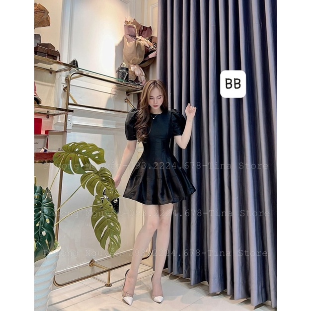 Đầm tafta nữ chiết eo tay phồng form xoè xếp ly