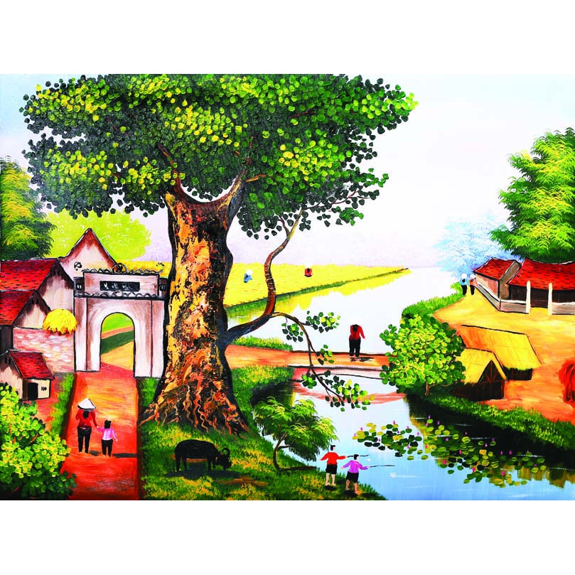 Tranh Dán tường 3D Phong Cảnh Làng Quê Việt Nam yên bình mẫu mới nhất, được ưa chuộng hiện nay