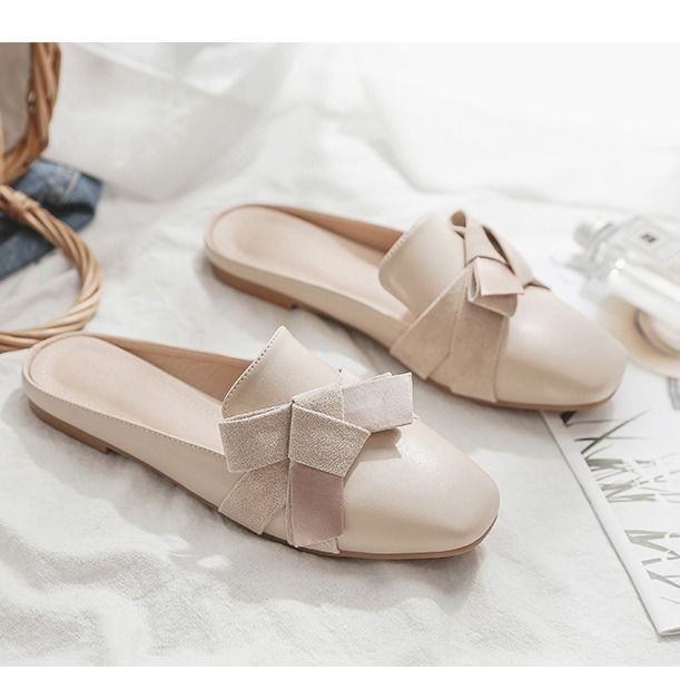 Dép Sục nữ da trơn phối vải buộc nơ cao 2cm