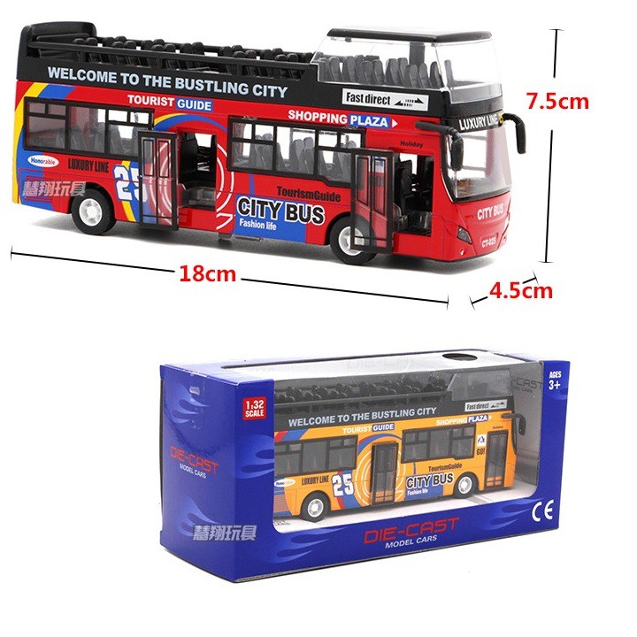 Mô hình ô tô xe buýt 2 tầng bằng sắt đồ chơi trẻ em tỉ lệ 1:32 có âm thanh và đèn khi mở cửa