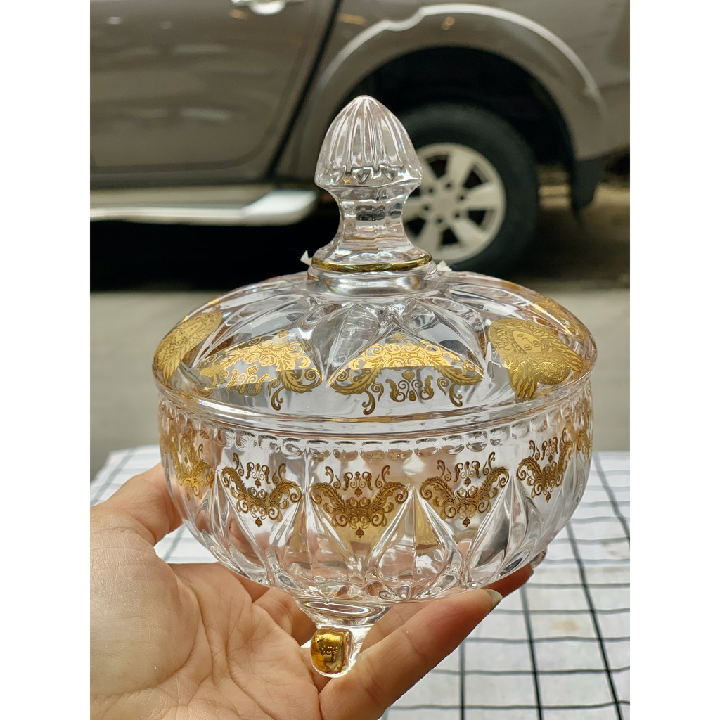 [Sỉ] Âu thố hũ pha lê có chân mạ vàng có nắp đậy đựng ô mai mứt bánh kẹo sang trọng cao cấp dày dặn đẹp M3
