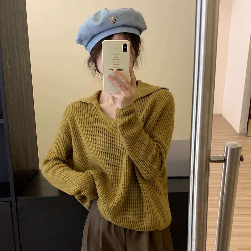 Áo len ZHELIHANGFEI dáng rộng tay dài cổ V phong cách retro