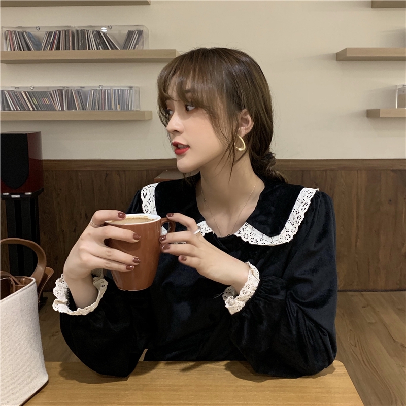 SUXI Áo sơ-mi tay dài phối ren vintage xinh xắn trẻ trung cho nữ