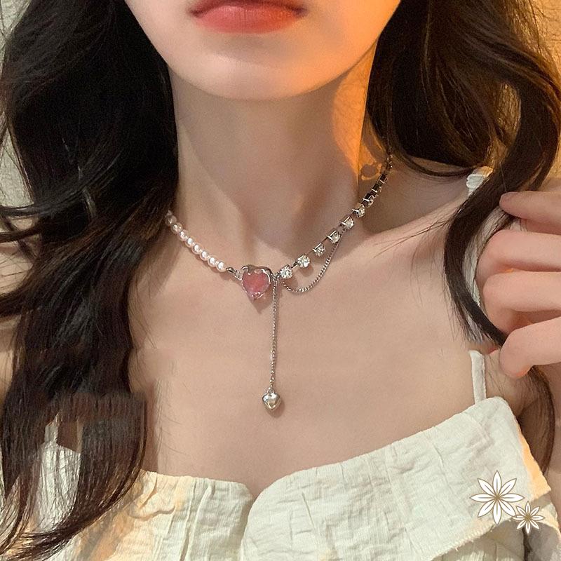【Kifli】Vòng cổ trái tim ngọc trai Hàn Quốc cho phụ nữ Vòng cổ Choker bạc Phụ kiện Trang sức