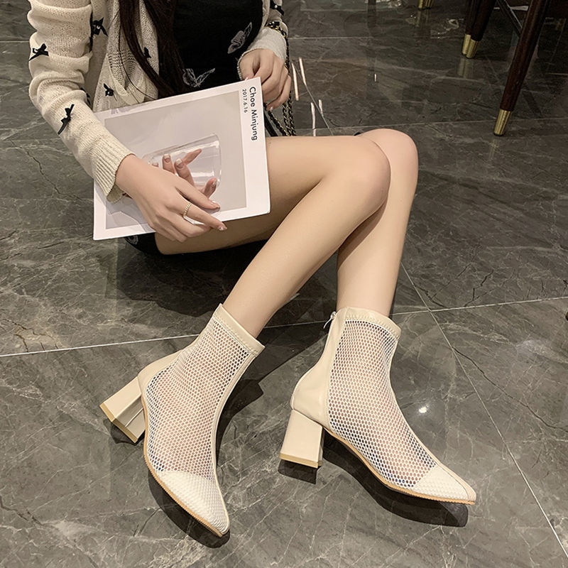 Mesh Hollow liang xue2021New Summer High Heel Chunky Heel Mesh Elevator Wild Ankle Boots