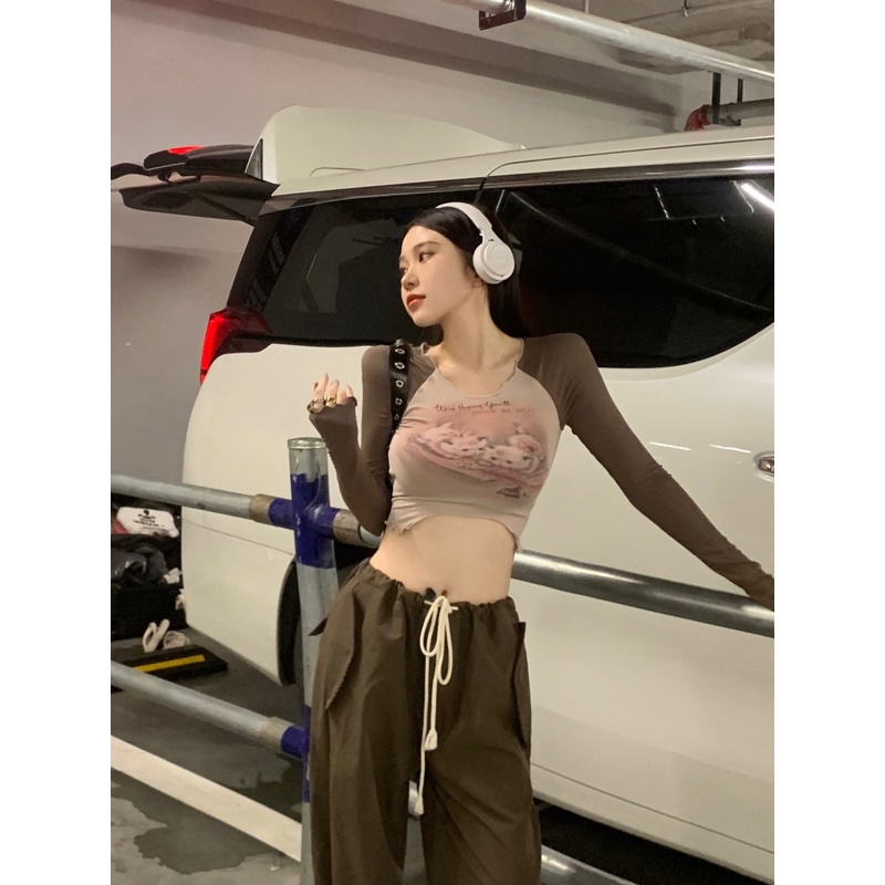 Áo Thun Lửng Tay Dài Màu Sắc Tương Phản In Họa Tiết Phong Cách retro Mỹ Dành Cho Nữ