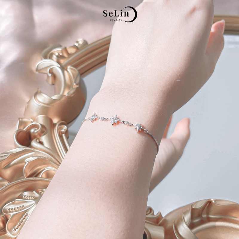 Lắc tay vòng tay bạc nữ 925 đẹp xinh đính đá ngôi sao dây rút lấp lánh SELIN JEWELRY- 0005