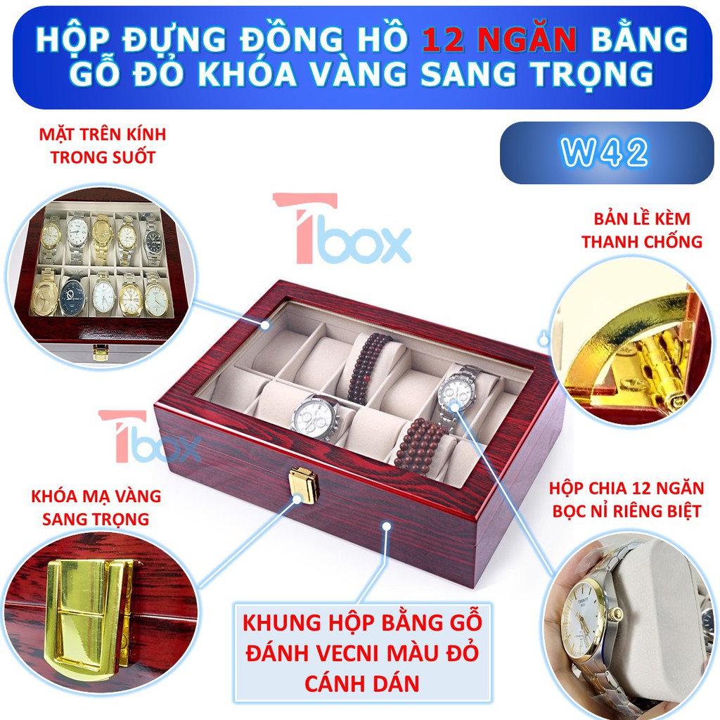 HỘP ĐỰNG ĐỒNG HỒ 12 NGĂN Hộp đựng 12 chiếc đồng hồ bằng gỗ màu đỏ cao cấp [loại tốt]