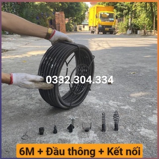 Dây Thông Cống ( 6m dây lò xo +6 đầu thông +1 đầu kết nối máy khoan, dây thông tắc vệ sinh,thông bồn cầu, )