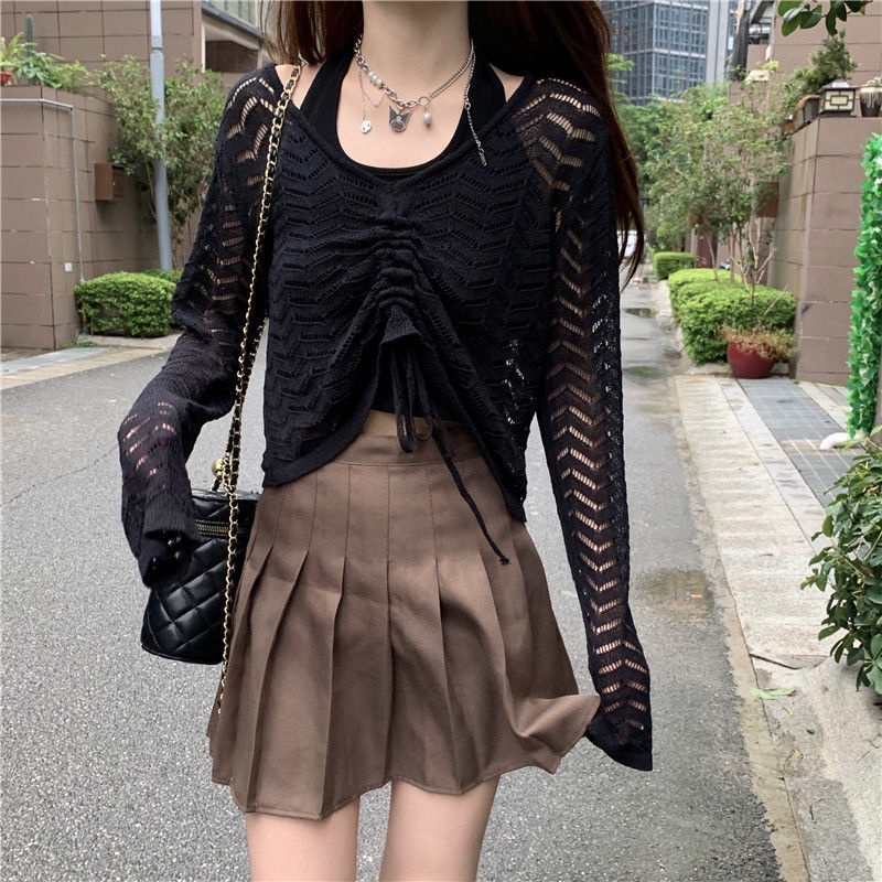 COZOK Áo Sweater Dệt Kim Tay Dài Cổ Chữ V Phối Dây Rút Thời Trang Trẻ Trung